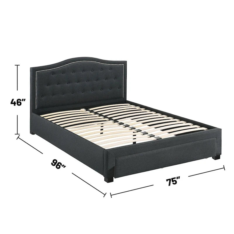 Charcoal Upholstered Platform Bed Button-Tufted Curved Headboard with Underbed Drawer