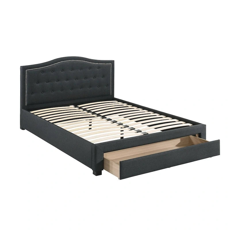 Charcoal Upholstered Platform Bed Button-Tufted Curved Headboard with Underbed Drawer