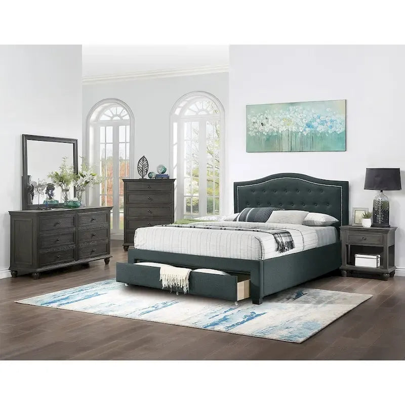 Charcoal Upholstered Platform Bed Button-Tufted Curved Headboard with Underbed Drawer