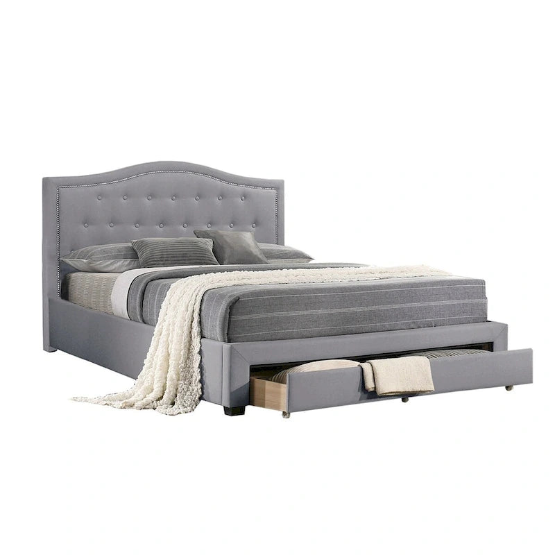 Charcoal Upholstered Platform Bed Button-Tufted Curved Headboard with Underbed Drawer