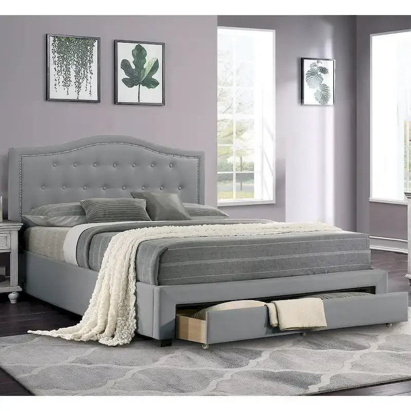Charcoal Upholstered Platform Bed Button-Tufted Curved Headboard with Underbed Drawer