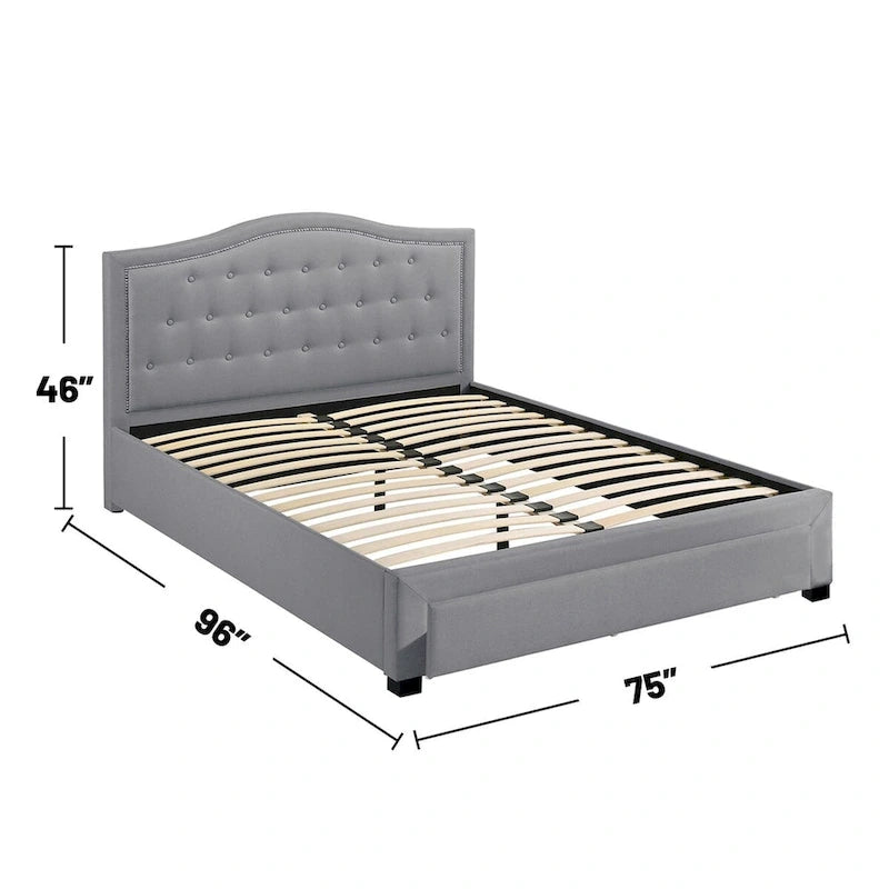 Charcoal Upholstered Platform Bed Button-Tufted Curved Headboard with Underbed Drawer