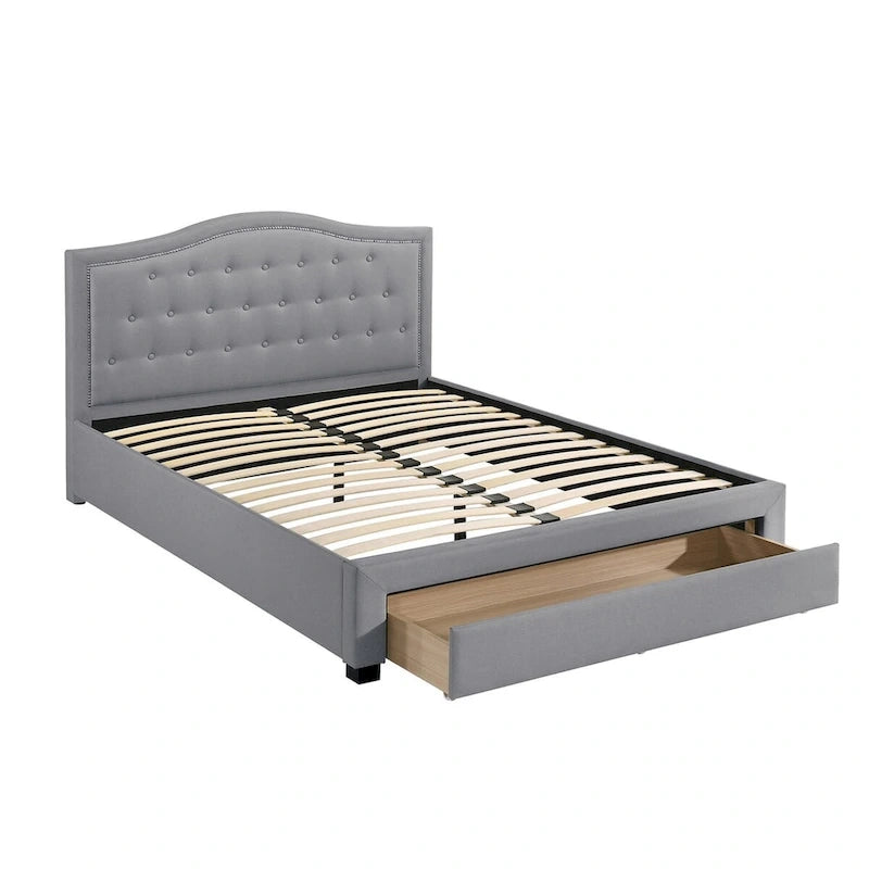 Charcoal Upholstered Platform Bed Button-Tufted Curved Headboard with Underbed Drawer