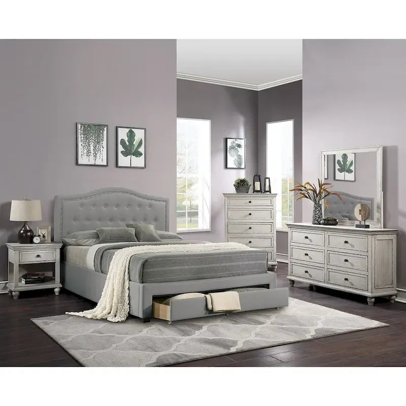 Charcoal Upholstered Platform Bed Button-Tufted Curved Headboard with Underbed Drawer