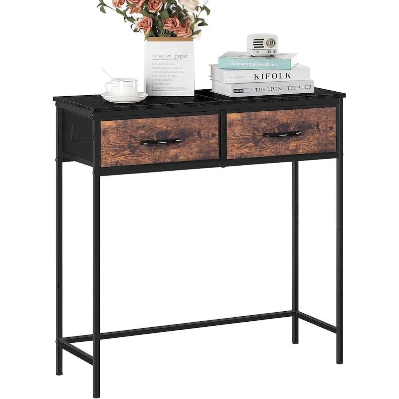 Narrow Industrial Console Table 2 Fabric Drawers Metal Frame Side Hook Open Shelf