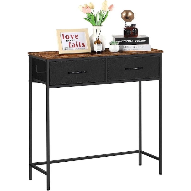 Narrow Industrial Console Table 2 Fabric Drawers Metal Frame Side Hook Open Shelf