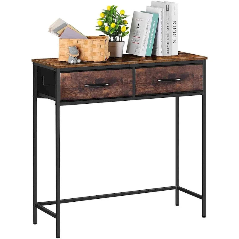 Narrow Industrial Console Table 2 Fabric Drawers Metal Frame Side Hook Open Shelf