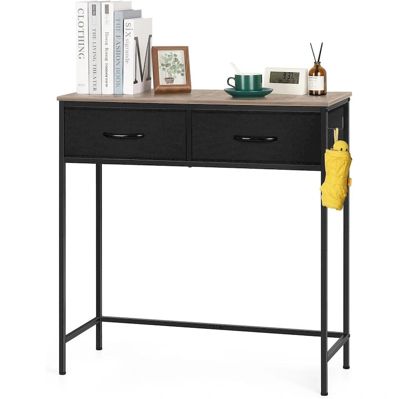 Narrow Industrial Console Table 2 Fabric Drawers Metal Frame Side Hook Open Shelf