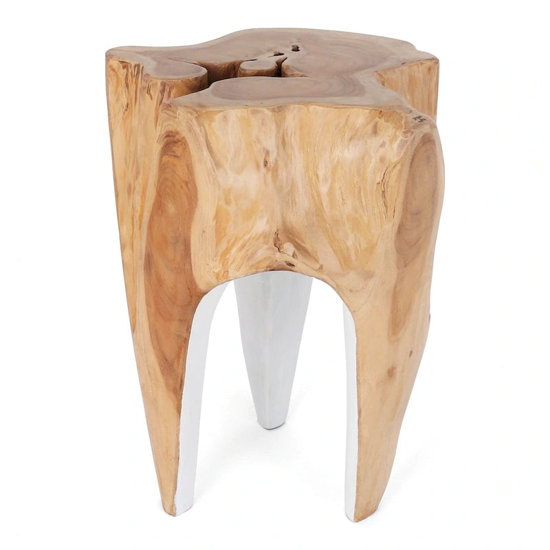 Solid Teak Root Stool Natural Organic Wood Side Table with White Legs