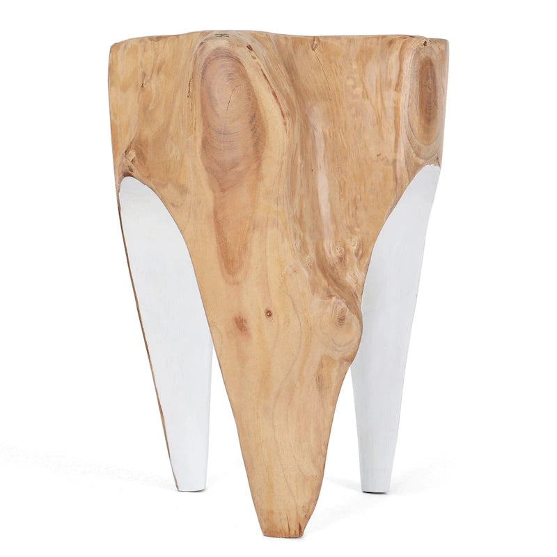 Solid Teak Root Stool Natural Organic Wood Side Table with White Legs