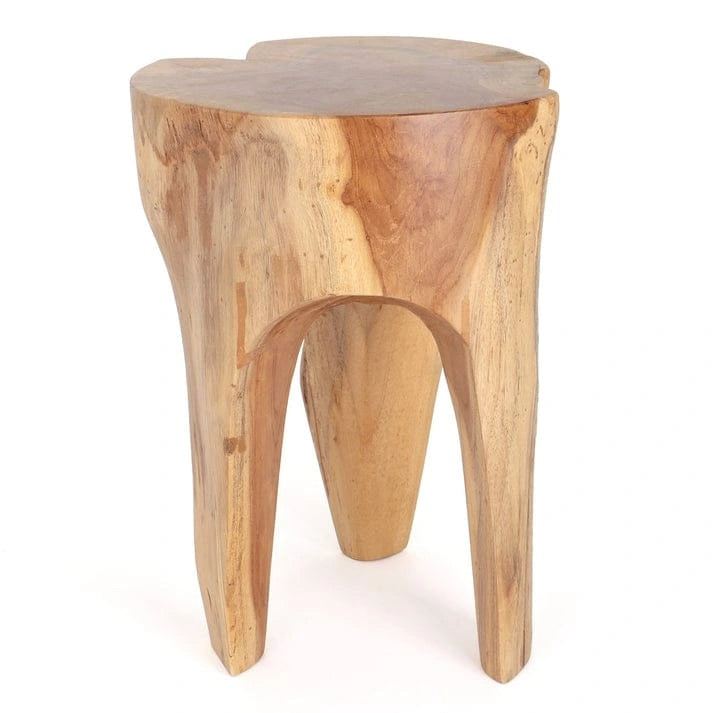 Solid Teak Root Stool Natural Organic Wood Side Table with White Legs