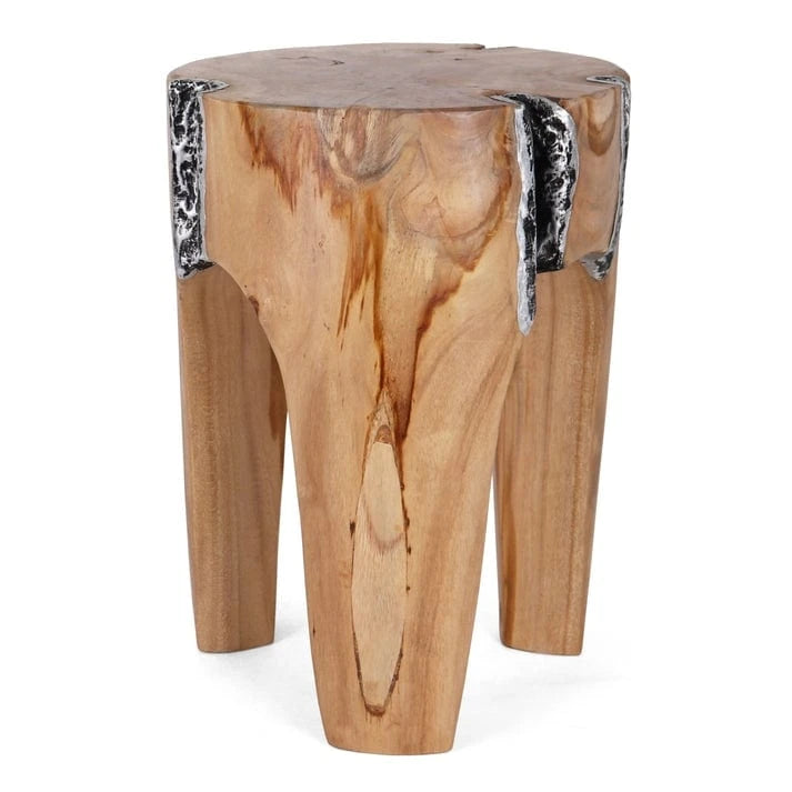 Solid Teak Root Stool Natural Organic Wood Side Table with White Legs
