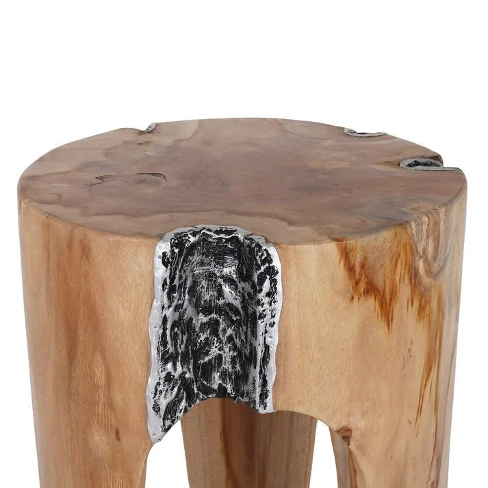 Solid Teak Root Stool Natural Organic Wood Side Table with White Legs