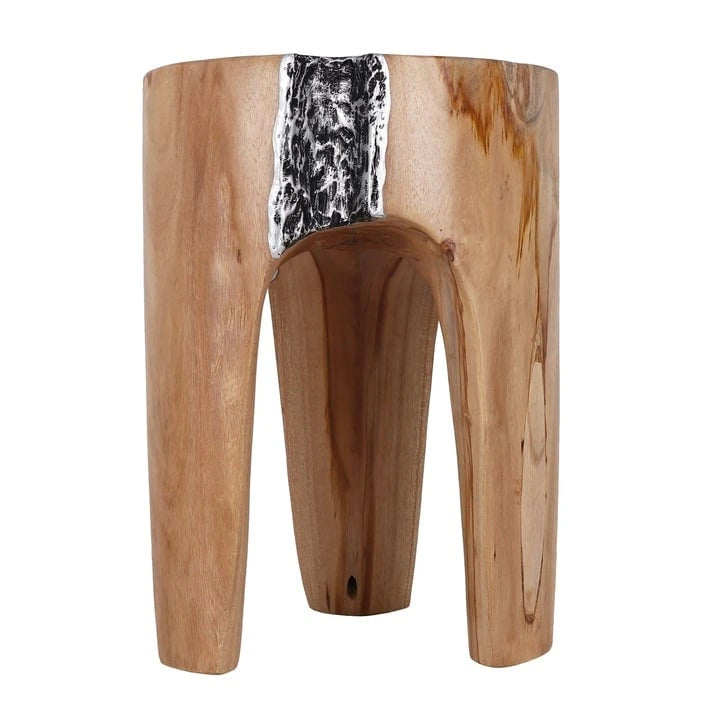 Solid Teak Root Stool Natural Organic Wood Side Table with White Legs