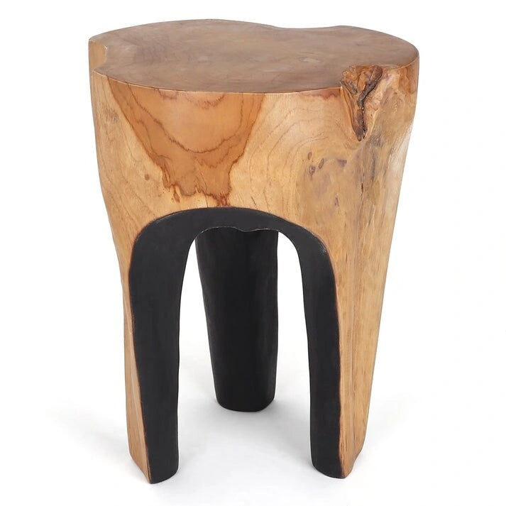 Solid Teak Root Stool Natural Organic Wood Side Table with White Legs