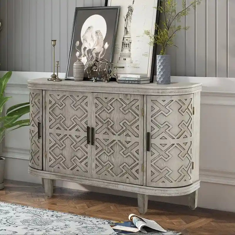 4-Door Vintage Accent Sideboard Cabinet Carved Diamond Pattern Curved Corners Fir Legs