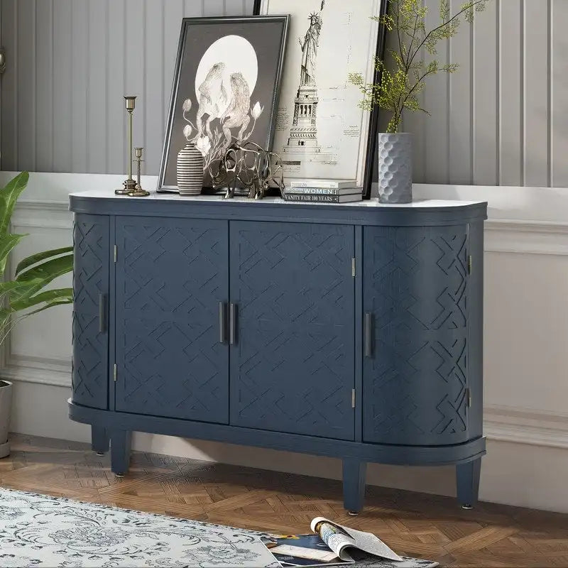 4-Door Vintage Accent Sideboard Cabinet Carved Diamond Pattern Curved Corners Fir Legs