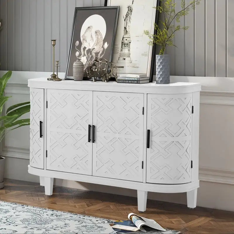 4-Door Vintage Accent Sideboard Cabinet Carved Diamond Pattern Curved Corners Fir Legs