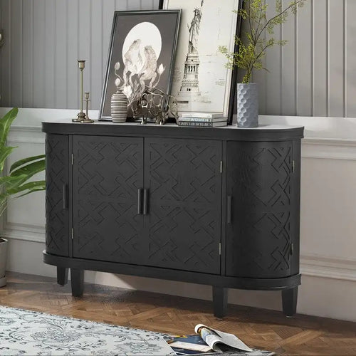 4-Door Vintage Accent Sideboard Cabinet Carved Diamond Pattern Curved Corners Fir Legs