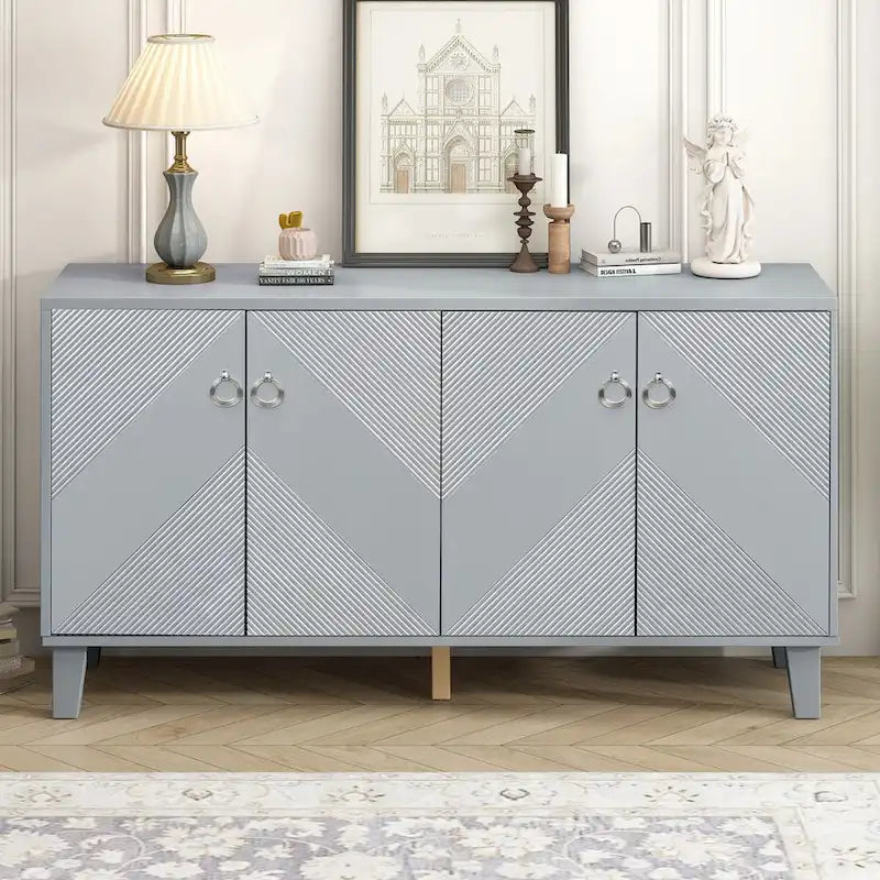 4-Door Geometric Pattern Sideboard Cabinet with Round Handles and Tapered Legs