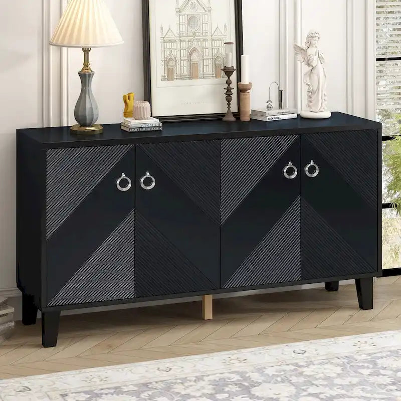 4-Door Geometric Pattern Sideboard Cabinet with Round Handles and Tapered Legs