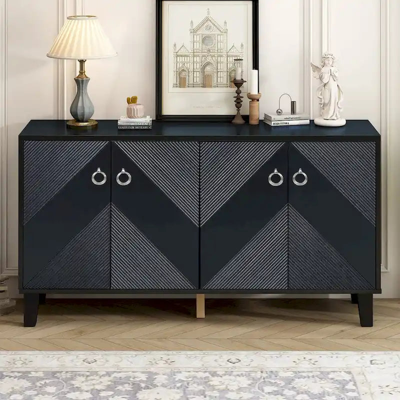 4-Door Geometric Pattern Sideboard Cabinet with Round Handles and Tapered Legs