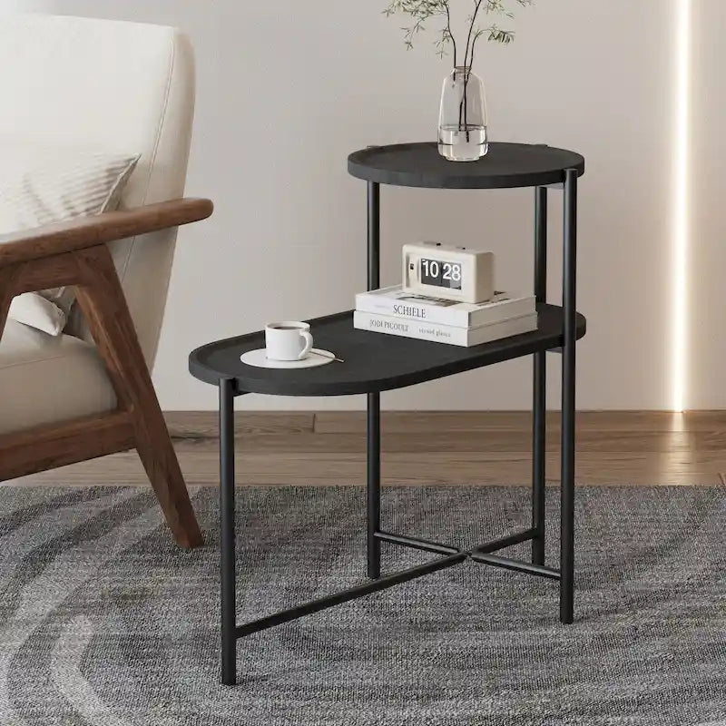 2-Tier Side Table Round and Oval MDF Trays X-Cross Metal Base Modern Minimalist