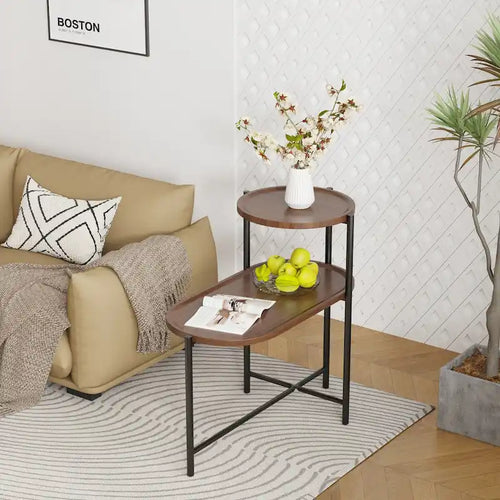 2-Tier Side Table Round and Oval MDF Trays X-Cross Metal Base Modern Minimalist