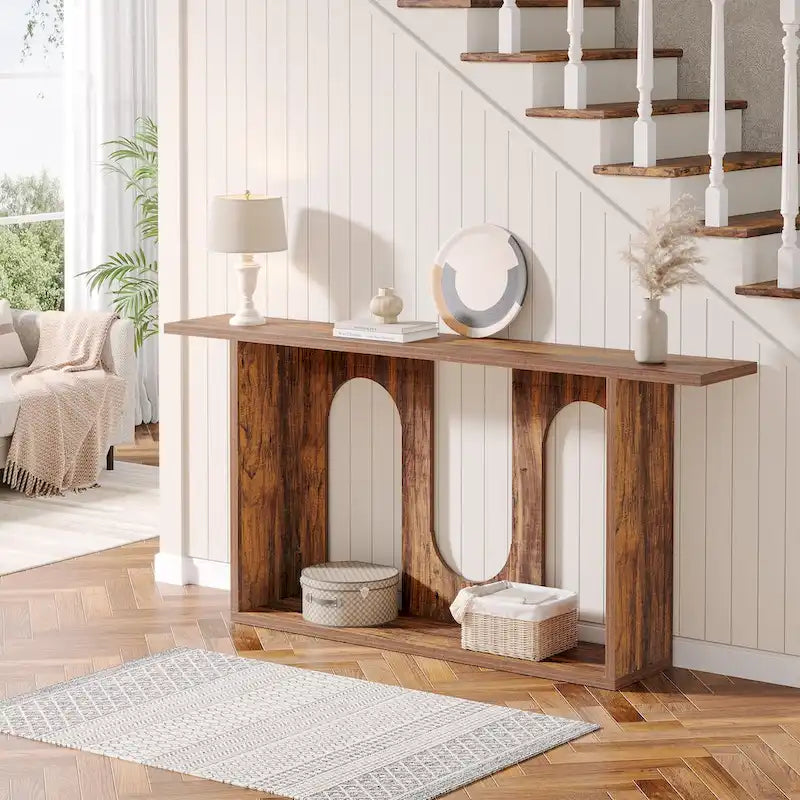 Brown Farmhouse Console Table with Arched Open Storage for Entryway