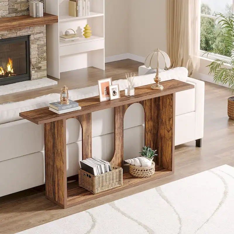 Brown Farmhouse Console Table with Arched Open Storage for Entryway