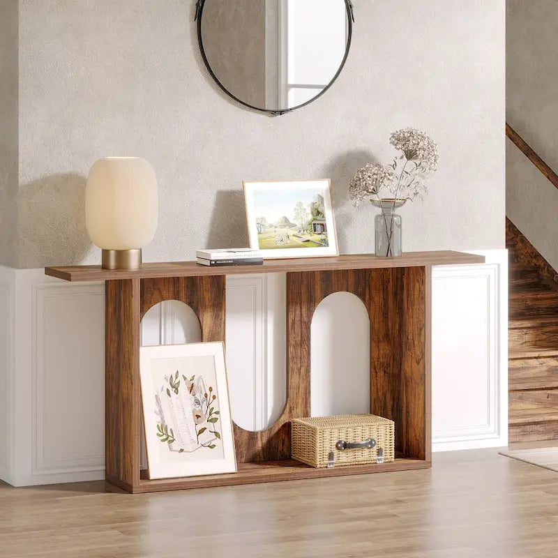 Brown Farmhouse Console Table with Arched Open Storage for Entryway