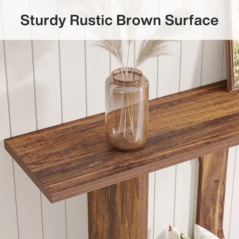 Brown Farmhouse Console Table with Arched Open Storage for Entryway