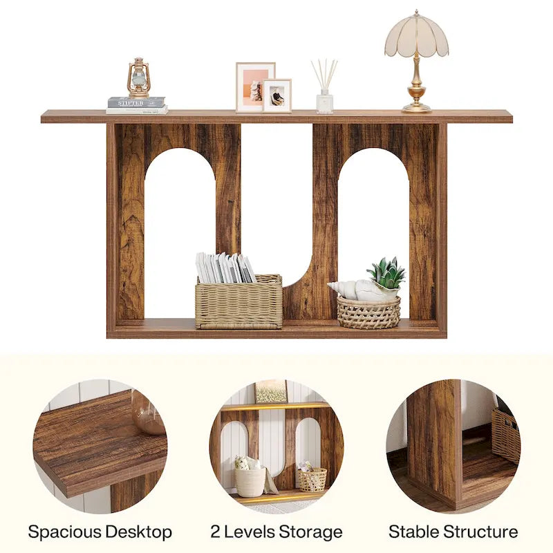 Brown Farmhouse Console Table with Arched Open Storage for Entryway