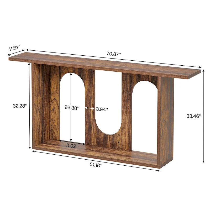 Brown Farmhouse Console Table with Arched Open Storage for Entryway
