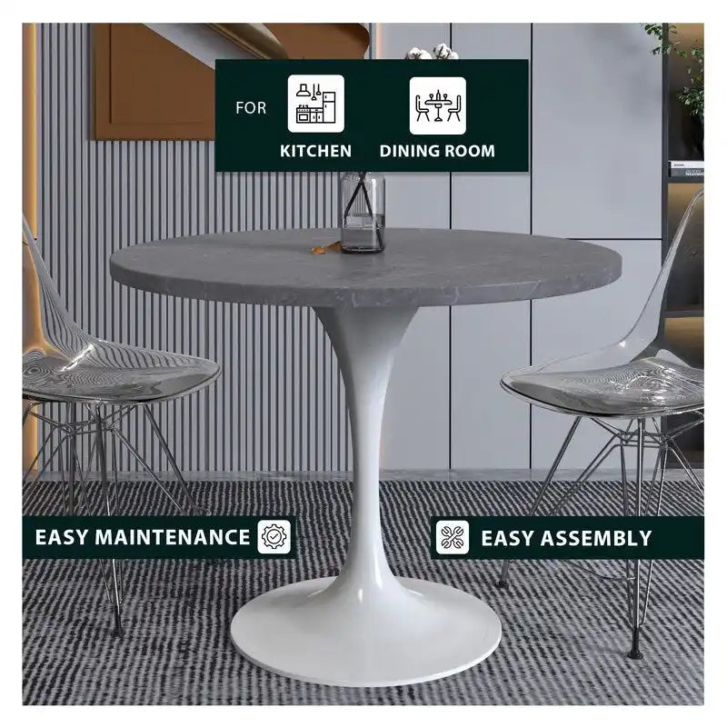 Verve Dining Table with a 36 Round Tabletop in White Steel Pedestal